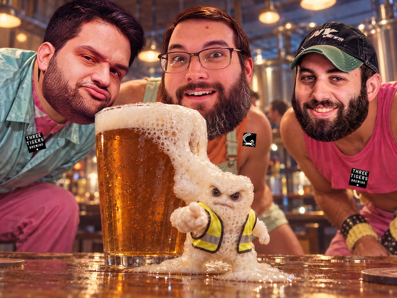 Three brewers with deliberately pasted faces looking at an angry yeast creature and a foaming pint