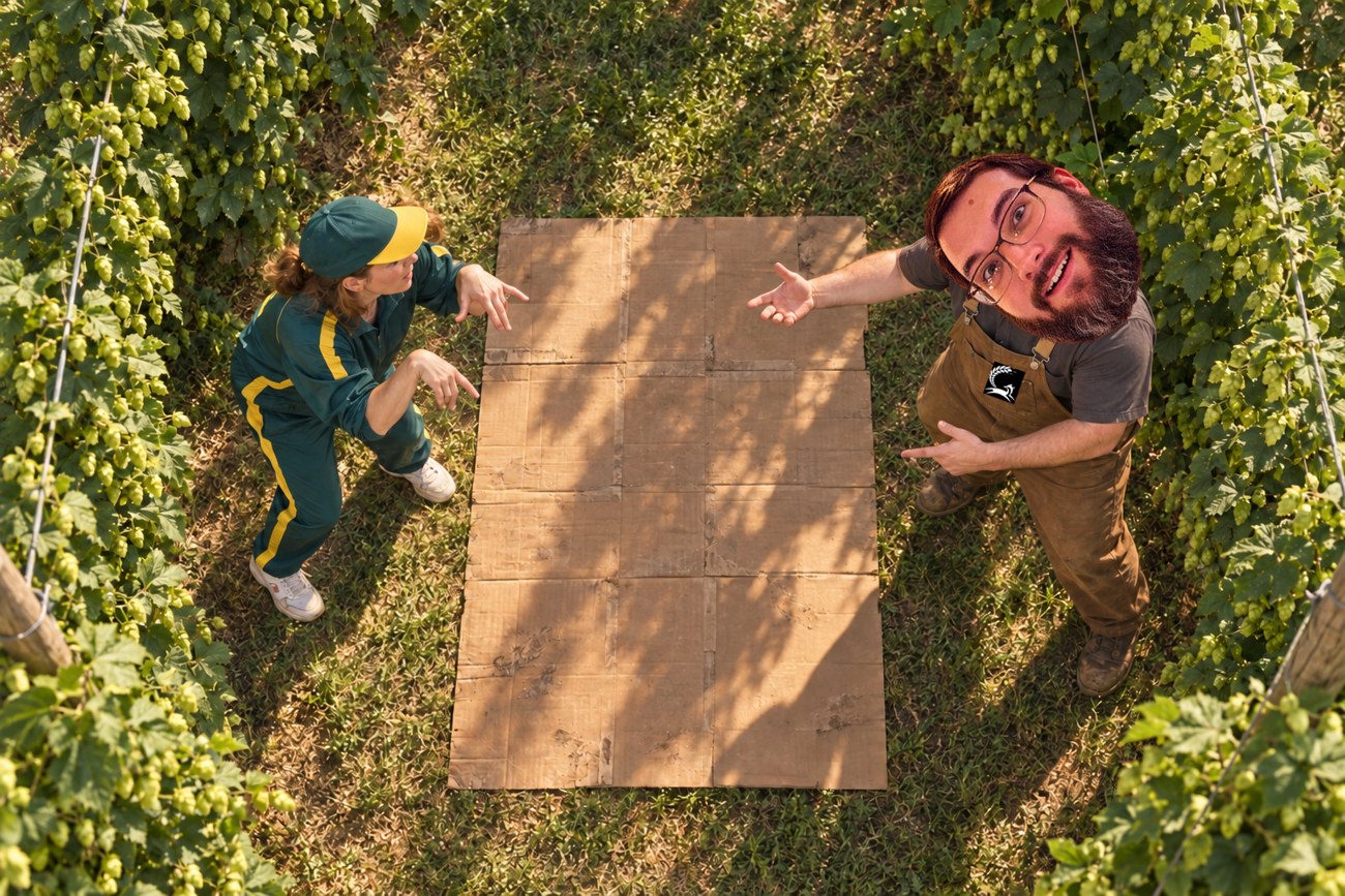 Aerial parody still of Pinto and Raygun arguing over breakdancing cardboard between hop rows