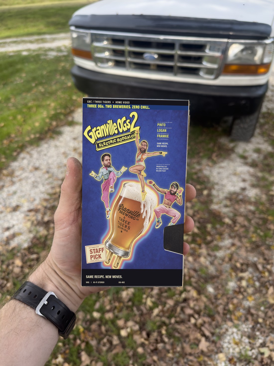 Front of the Granville OGs 2 VHS box held in a hand in front of a truck