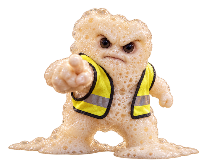 Angry foamy yeast man pointing while wearing a miniature safety vest